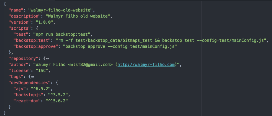 Arquivo package.josn editado com a seção de scripts.