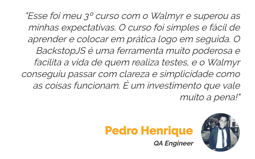 Depoimento de aluno matriculado no curso de BackstopJS da escola TAT