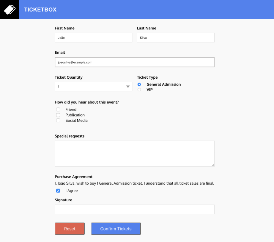 screenshot de um formulário preenchido