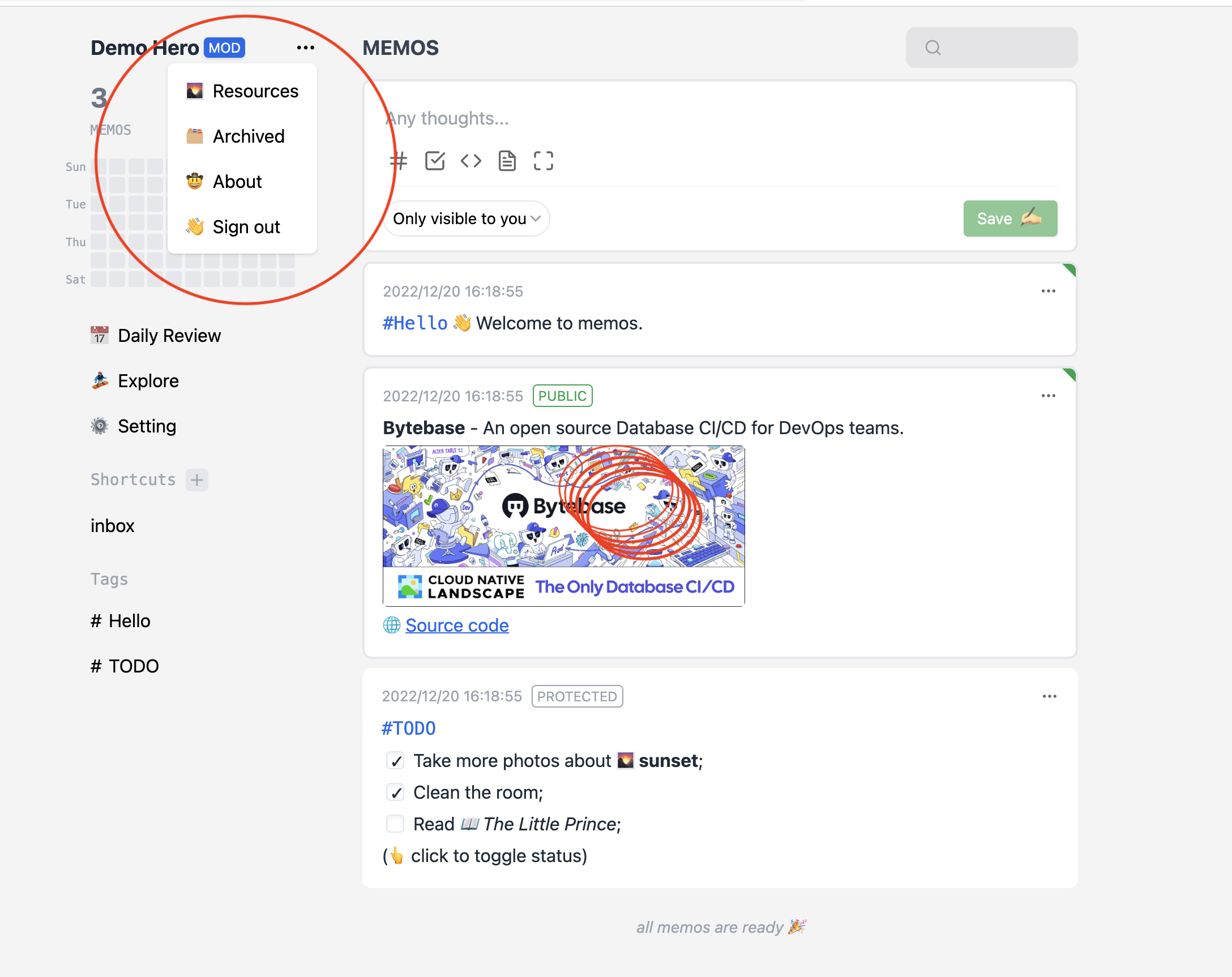 Menu suspenso aberto com as opções Resources, Archived, About e Sign out.