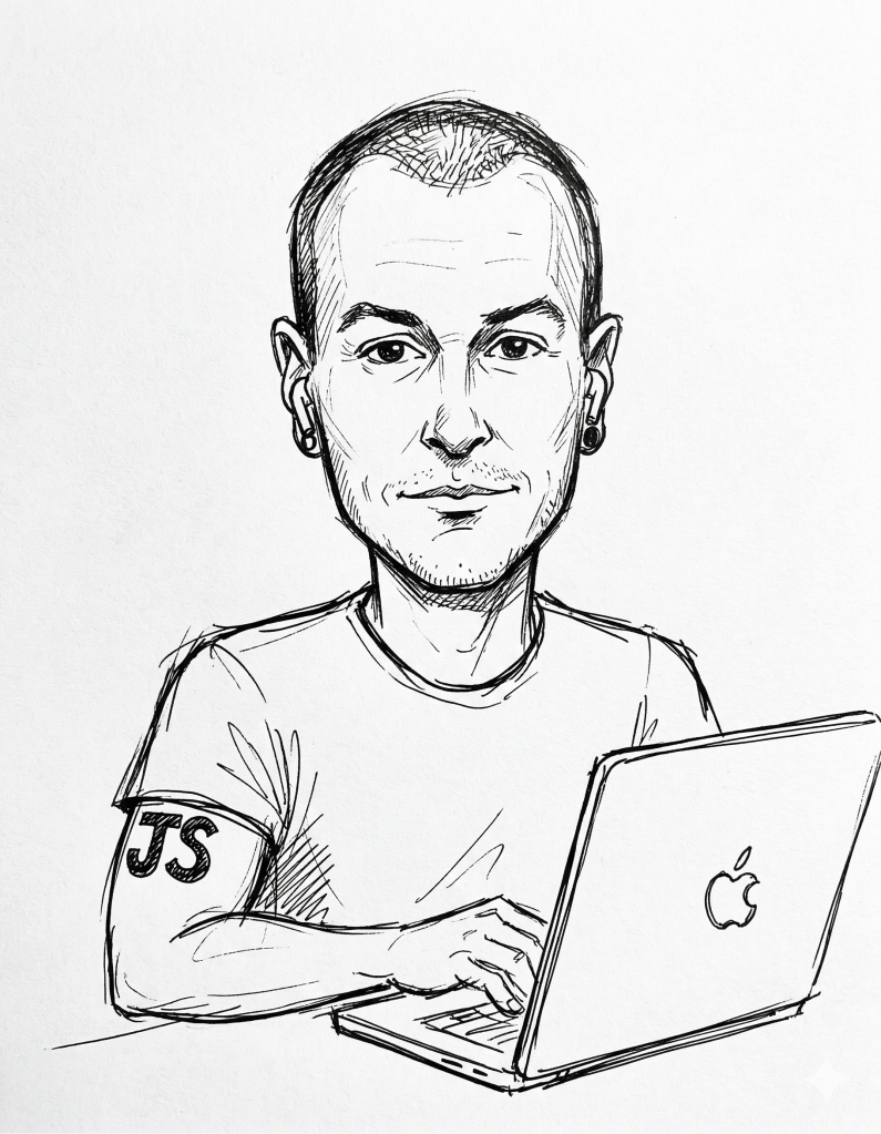 Caricatura do Walmyr trabalhando em seu MacBook